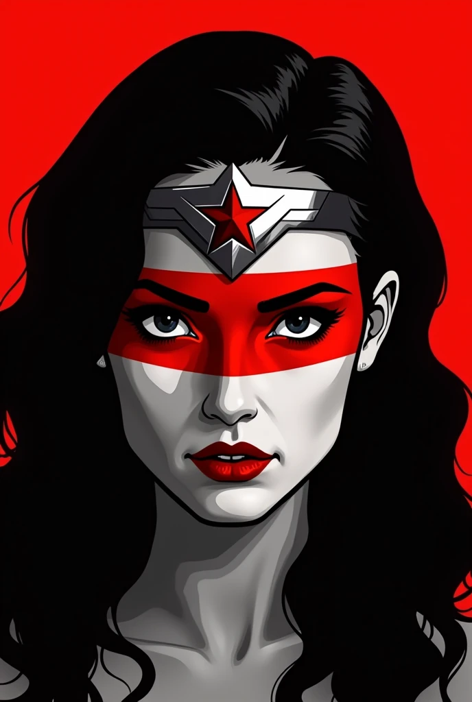 A stylized Art vectoriel portrait of Wonderwoman with a black and white face, partiellement obscurci par une bande rouge audacieuse sur ses yeux et sa bouche. Larrière-plan est rouge uni. La figure semble solennelle, Art vectoriel