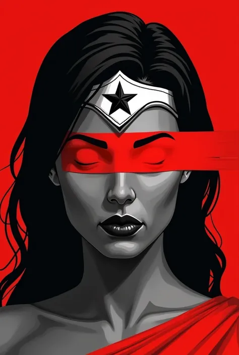 A stylized Art vectoriel portrait of Wonderwoman with a black and white face, partiellement obscurci par une bande rouge audacieuse sur ses yeux et sa bouche. Larrière-plan est rouge uni. La figure semble solennelle, Art vectoriel