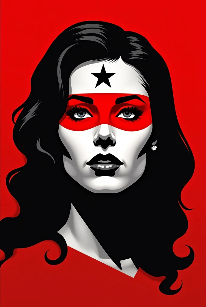 A stylized Art vectoriel portrait of Wonderwoman with a black and white face, partiellement obscurci par une bande rouge audacieuse sur ses yeux et sa bouche. Larrière-plan est rouge uni. La figure semble solennelle, Art vectoriel