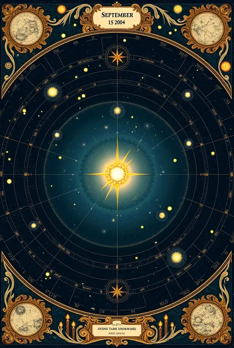 Create a star map illustration that represents the night sky on September 15, 2004. The design should be in a vintage, ornate style with intricate borders and celestial details, similar to a classical astronomical chart. Include a central bright star surro...