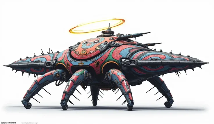 A long wide giant heavily armored divine futuristic flying all terrain biomechanical mothership, covered in rainbow batik pattern and glowing javanese runic symbols, multiple retractable cybernetic spider legs with wheels on the tip, divine halo, flying ho...