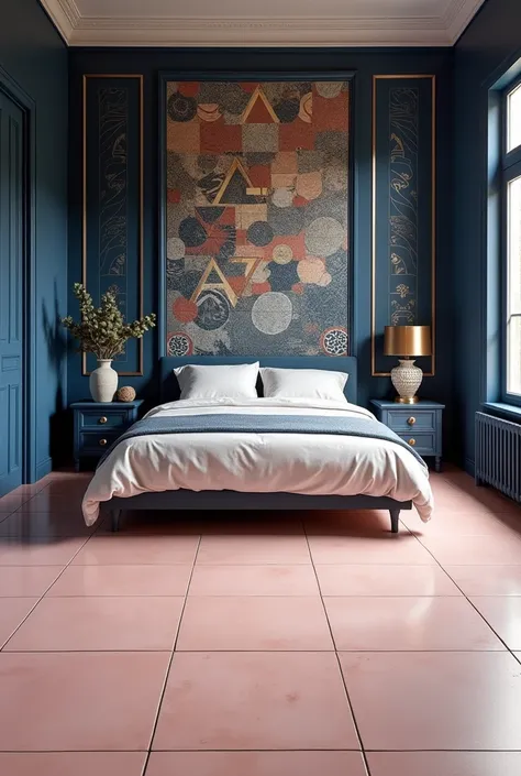 A room with light pink tiles and sky blue colour. The tiles are of 2*4 feet. Make room bigger and change the sky blue to navy blue with mural design, its a bedroom 