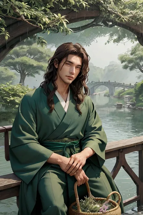 A handsome man in his 30s sits against a bridge with a basket of herbs in front of a lake during the rain. He is wearing a green Chinese haori. The man has long wavy brown hair and green eyes. His face is sharp, with cheekbones. His look is relaxed.