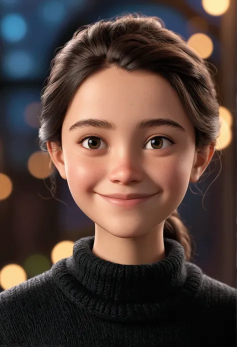 The image shows a young person with dark hair tied up, wearing a black sweater. The person is smiling slightly and looking directly at the camera. character pose, (Pixar-style) (master part:1.2) (bokeh) (best qualityer) (skin detailed) (detailed texture) (...