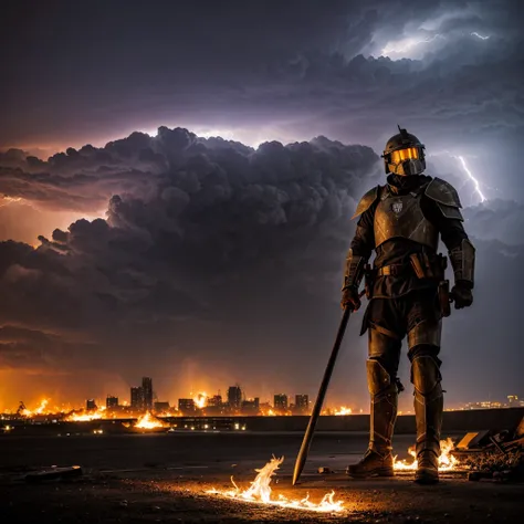 One  armored Fighter holds a 
 sledgehammer in his hands, a warg at his side ,burning city in background during thunderstorm , Portrait 