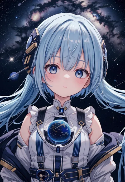 Highest quality, detailed, 4K, RAW Photos, masterpiece, detailed face,, performer, planet, Milky Way, space,, a photo of アニセマー flying in space, Blue Hair, bangs, Long Hair, View your viewers, 