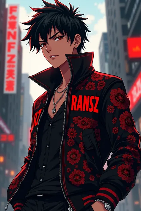 Anime young mafia boss wearing a jacket with ransz written on it