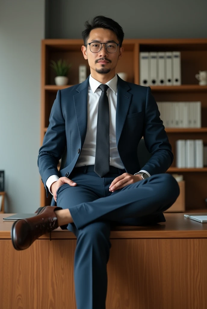 A man wearing a suit without the coat sitting on top of the desk in office with crossing legs like chopstick