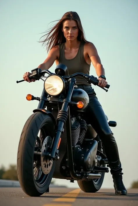 ((Highest quality)), ((masterpiece)), (detailed), One person, Brown Hair,Long Hair,Tank top,Leather pants,Straddling a large motorcycle