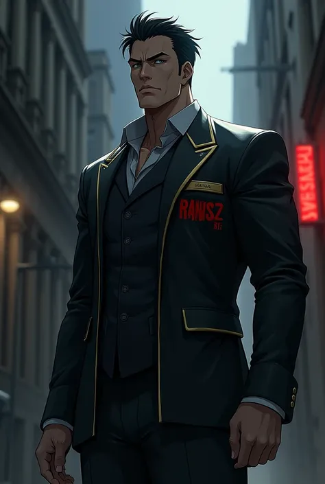 Anime gangster boss wearing a jacket with ransz written on it