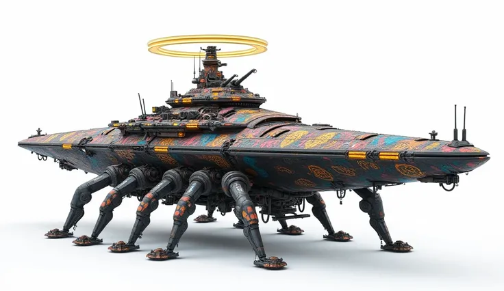 A long wide giant heavily armored divine futuristic flying all terrain biomechanical space battleship covered in rainbow batik pattern and glowing javanese runic symbols, multiple retractable cybernetic spider legs with wheels on the tip, divine halo, flyi...