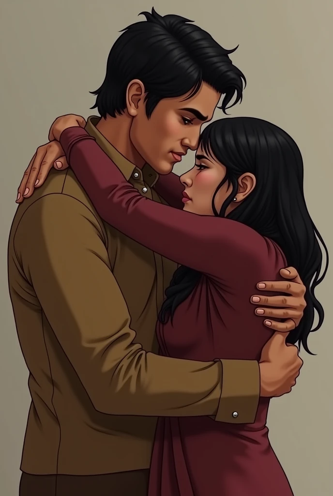 Depict Veer pulling Aastha close to him, holding her tightly in a comforting embrace. His face is softening, showing concern and love for her, trying to calm her down. Aastha is still visibly upset, her face buried in Veer’s chest, with tears in her eyes, ...