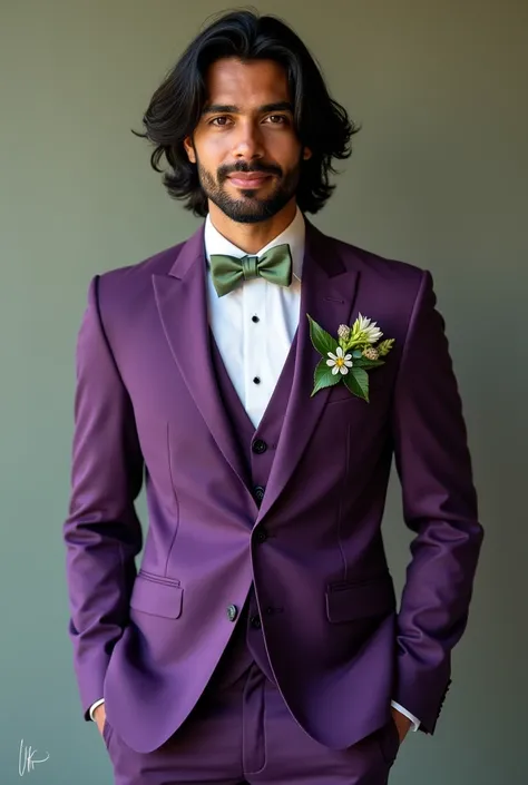 A dusty purple wedding suit with sage green accents on a Italian, white, black, and Phillipino man with shoulder leaght wavy balck hair with no facial hair and is smiling sweetly