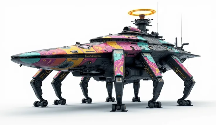 A long wide giant heavily armored divine futuristic flying all terrain biomechanical space warship covered in rainbow batik pattern and glowing javanese runic symbols, multiple retractable cybernetic spider legs with wheels on the tip, divine halo, flying ...