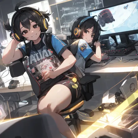 High resolution, 8k resolution, (Lens flare:0.5), Light from afar, (smile, joy) Short sleeve gaming wear, Black Hair, Computer Lab, Over-the-head gaming headset、One Cute、