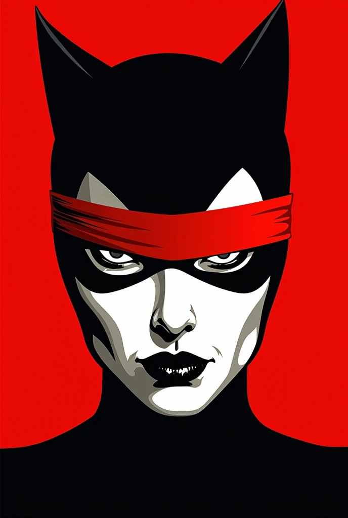 A stylized Art vectoriel portrait of Catwoman with a black and white face, partiellement obscurci par une bande rouge audacieuse sur ses yeux et sa bouche. Larrière-plan est rouge uni. La figure semble solennelle, Art vectoriel