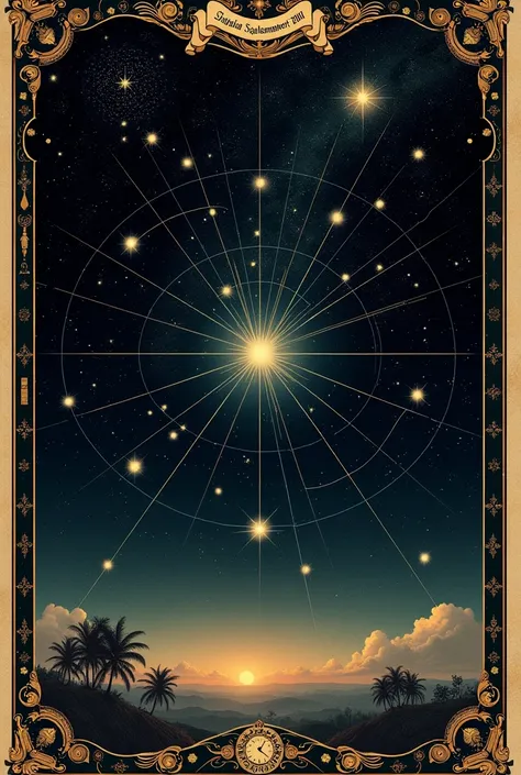 Create a star map illustration that represents the night sky on September 15, 2004. The design should be in a vintage, ornate style with intricate borders and celestial details, similar to a classical astronomical chart. Include a central bright star surro...