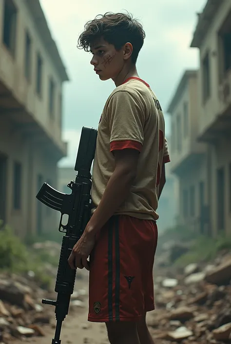 Create a soccer player with his back turned to me and the name FRANSISCO and age 15 years and background   zombie And in his hand is his weapon m416 glass 