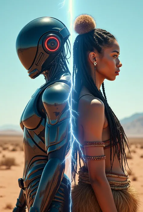 photoillustration of double exposure of merge vertically of {two different tones paradox world, 1half futuristic girl(cyborg helmet body armor suit with obvious cables in neon color), 1half primitive girl(animal fur clothes, braided hair)},{(transparency e...