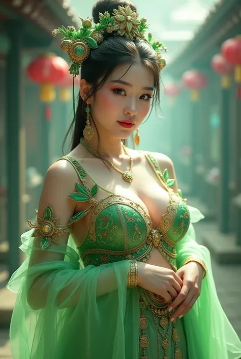 Chinese girl with coins gold , thick body, curvy body, curvy waist, big breast, white skin, gorgeous costumes embroidered with intricate embroidery, exposed breasts, flowing tulle, transparent long colorful ribbons tied on the arms, inspired by chinese mov...