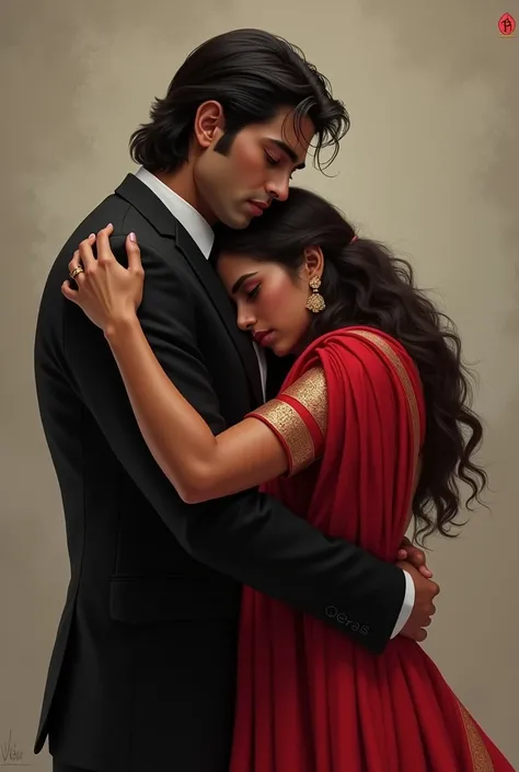 Depict Veer pulling Aastha close to him, holding her tightly in a comforting embrace. His face is softening, showing concern and love for her, trying to calm her down. Aastha is still visibly upset, her face buried in Veer’s chest, with tears in her eyes, ...