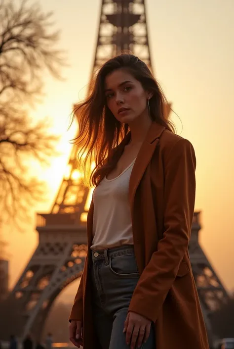 wife (feminine) nice close to the eiffel tower, brown-hair,  Soleil derrière, Attractive view,Coup moyen corps un peu epais