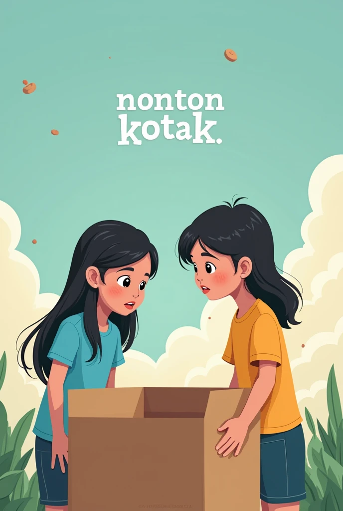 A 2 girl from Indonesia wearing blue t-shirt, she look at a brown empty box, in the air there are big word "NONTON KOTAK"