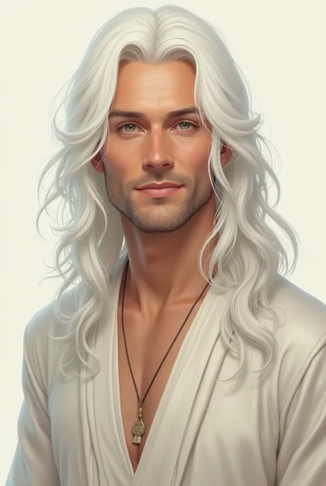 Create a full-body image of a man with white and long hair, a sweet face.