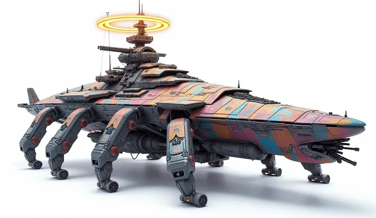 A long wide giant heavily armored divine futuristic flying all terrain biomechanical space battleship covered in rainbow batik pattern and glowing javanese runic symbols, multiple retractable cybernetic spider legs with wheels on the tip, divine halo, flyi...