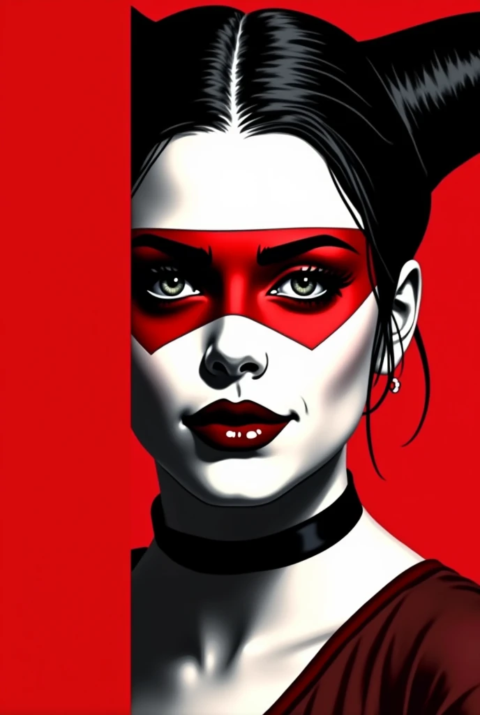 A stylized Art vectoriel portrait of Harley Quinn with a black and white face, partiellement obscurci par une bande rouge audacieuse sur ses yeux et sa bouche. Larrière-plan est rouge uni. La figure semble solennelle, Art vectoriel