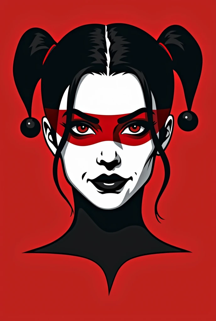 A stylized Art vectoriel portrait of Harley Quinn with a black and white face, partiellement obscurci par une bande rouge audacieuse sur ses yeux et sa bouche. Larrière-plan est rouge uni. La figure semble solennelle, Art vectoriel