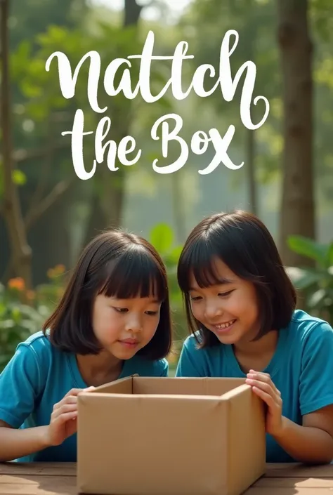 A 2 girl from Indonesia wearing blue t-shirt, she look at a brown empty box, in the air there are big word "NONTON KOTAK", real pics high quality