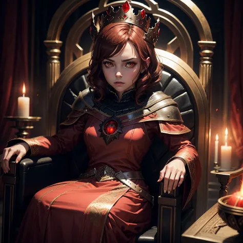 a queen, red glowing eyes, short brown hair, a metal crown, dark atmosphere, horror cinematic, sitting on a throne, bored expression.