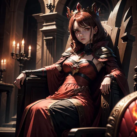 a queen, red glowing eyes, short brown hair, a metal crown, dark atmosphere, horror cinematic, sitting on a throne, bored expression.