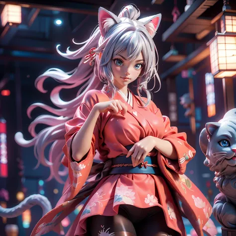 Moisturized Skin, (blue eyes), Realistic body, (Adult female body), Energetic, 3DCG, front, Pink lipstick, (Silver Hair), ((Cat ear)), Beautiful Hair, Long Hair, ponytail, Open the chest, See-through tights, Dressed in black and red, Honnoji no hen, Japane...