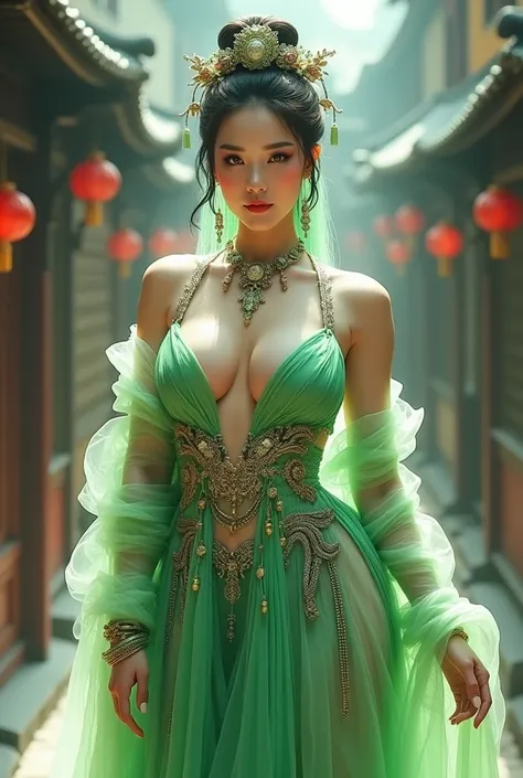 Chinese girl with coins gold , thick body, curvy body, curvy waist, big breast, white skin, gorgeous costumes embroidered with intricate embroidery, exposed breasts, flowing tulle, transparent long colorful ribbons tied on the arms, inspired by chinese mov...