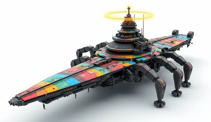 A long wide giant heavily armored divine futuristic flying all terrain biomechanical space battleship covered in rainbow batik pattern and glowing javanese runic symbols, multiple retractable cybernetic spider legs with wheels on the tip, divine halo, flyi...