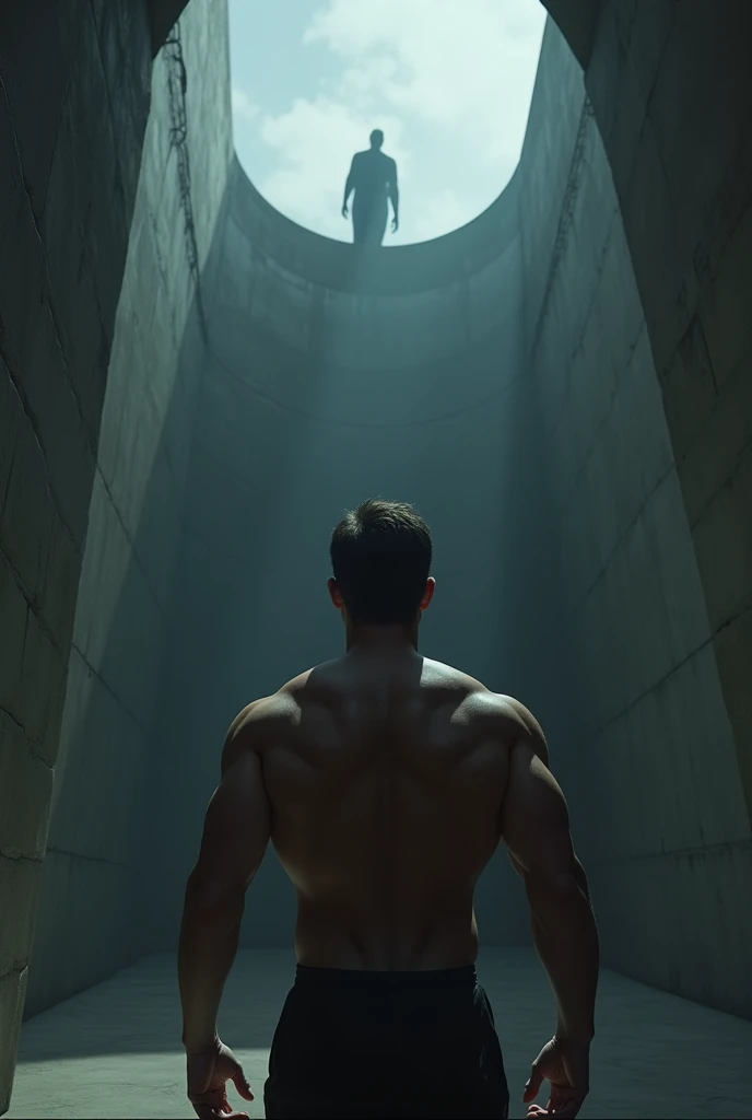 Create the image of a strong, young white man, he is trapped in a well-shaped prison, deep and wide and reach,
 He is looking up where he sees the exit and there is also the silhouette of a man looking back., he has his back to the image