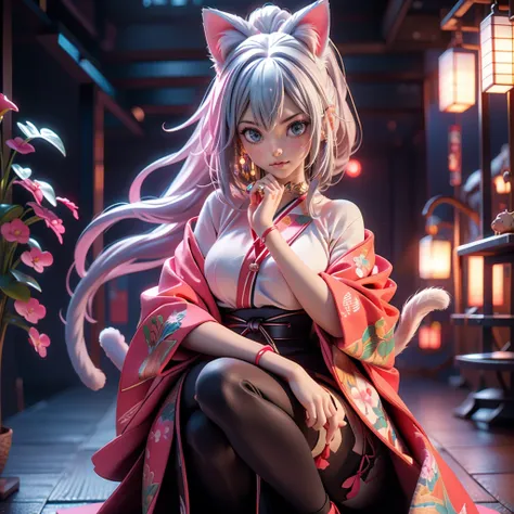 Moisturized Skin, (blue eyes), Realistic body, (Adult female body), Energetic, 3DCG, front, Pink lipstick, (Silver Hair), ((Cat ear)), Beautiful Hair, Long Hair, ponytail, Open the chest, See-through tights, Dressed in black and red, Honnoji no hen, Japane...