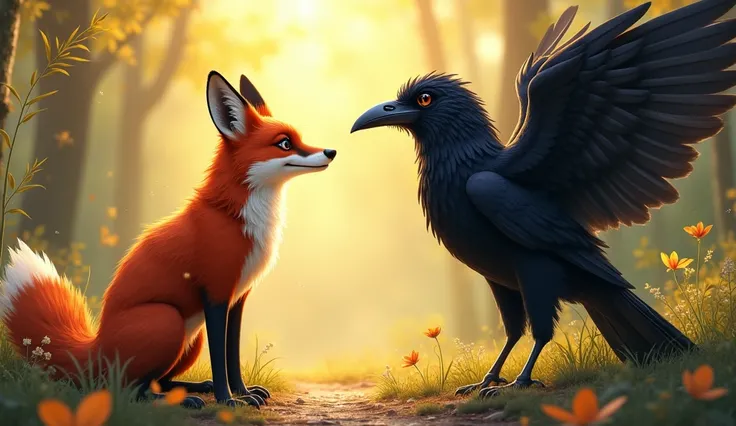 Fox&#39;s flattery: The fox is standing in front of the crow smiling and admiring the crow. The brightness of the crow&#39;s wings is visible in the sunlight.