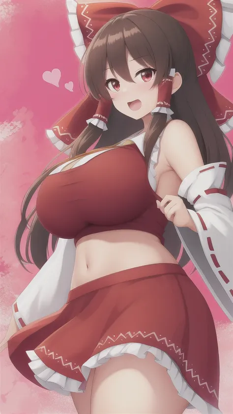 1gril,hakurei reimu huge breasts, standing,heart-shaped eyes ahe facial expression open mouth