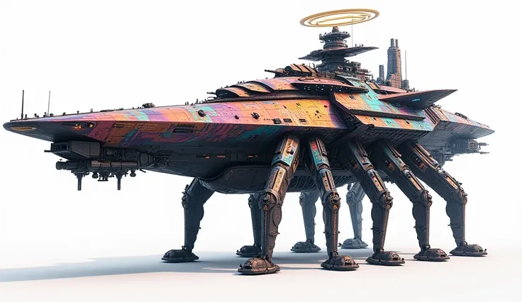 A long wide giant heavily armored divine futuristic flying all terrain biomechanical space battleship covered in rainbow batik pattern and glowing javanese runic symbols, multiple retractable cybernetic spider legs with wheels on the tip, divine halo, flyi...