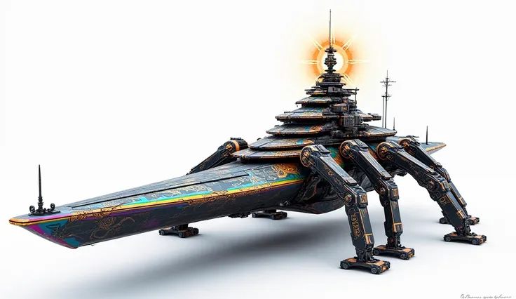 A long wide giant heavily armored divine futuristic flying all terrain biomechanical space battleship covered in rainbow batik pattern and glowing javanese runic symbols, multiple retractable cybernetic spider legs with wheels on the tip, divine halo, flyi...