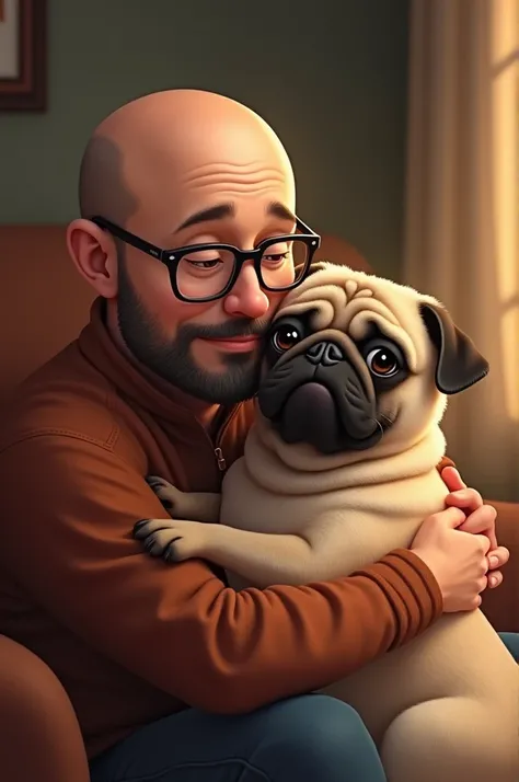 A bald man with glasses, and a pug dog hugging him 