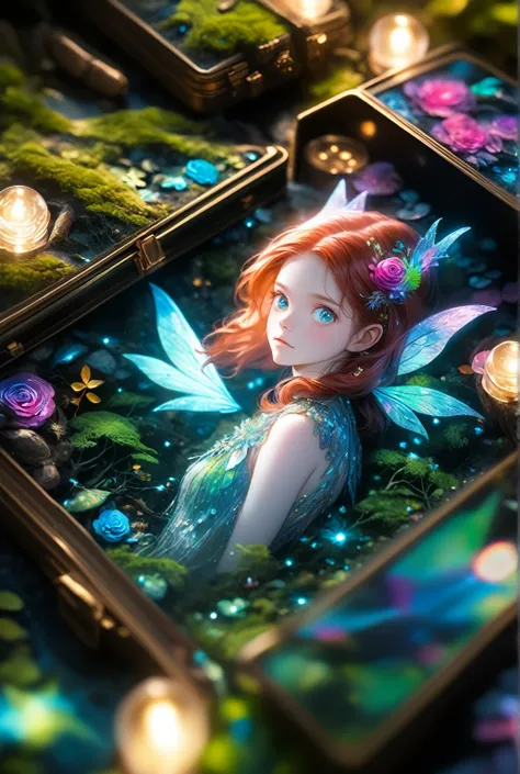 Rose Leslie Woman as a Fairy,(Very detailed:1.2),(Highest quality:1.2),(8k:1.2),Sharp focus,(Scattered beneath the surface:1.1),Award-winning photo,Professional portrait photography,(Close-up shot:1.1) (A glowing bioluminescent forest:1.2),Rainbow fairy wi...