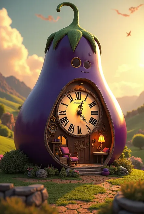 Home in egg plant,  clock in home 