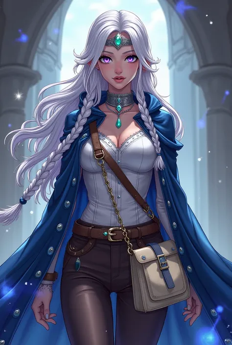 Lavender eyes. Magician People Woman, with long braided white hair.  Blue cape decorated with silver embroidery and a detached hood. silver breastplate, white blouse and brown pants as well as boots. Silver collar with emerald and silver headband with emer...