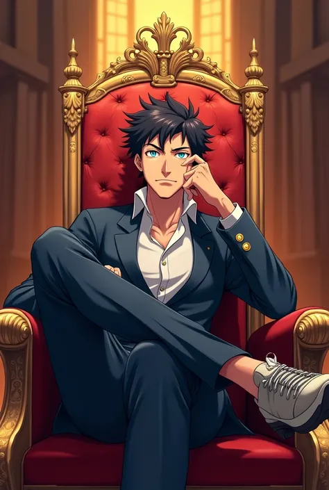 The arrogant young man sat on the throne. He crossed his legs, his left hand holding the crown, his neck tilted on his right hand, and he looked down at him with disdainful eyes,anime.