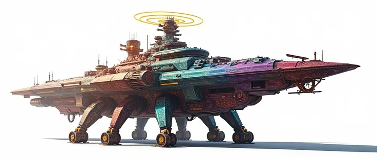 A long wide giant heavily armored divine futuristic flying all terrain biomechanical space battleship covered in rainbow batik pattern and glowing javanese runic symbols, multiple retractable cybernetic spider legs with wheels on the tip, divine halo, flyi...