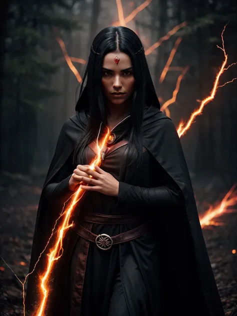 Create a dramatic, dark-toned image of a mysterious character with long black hair, wearing a dark cloak with glowing red highlights. The characters face is partially shadowed, showing intense focus and emotion. A headband with a symbol is prominently disp...